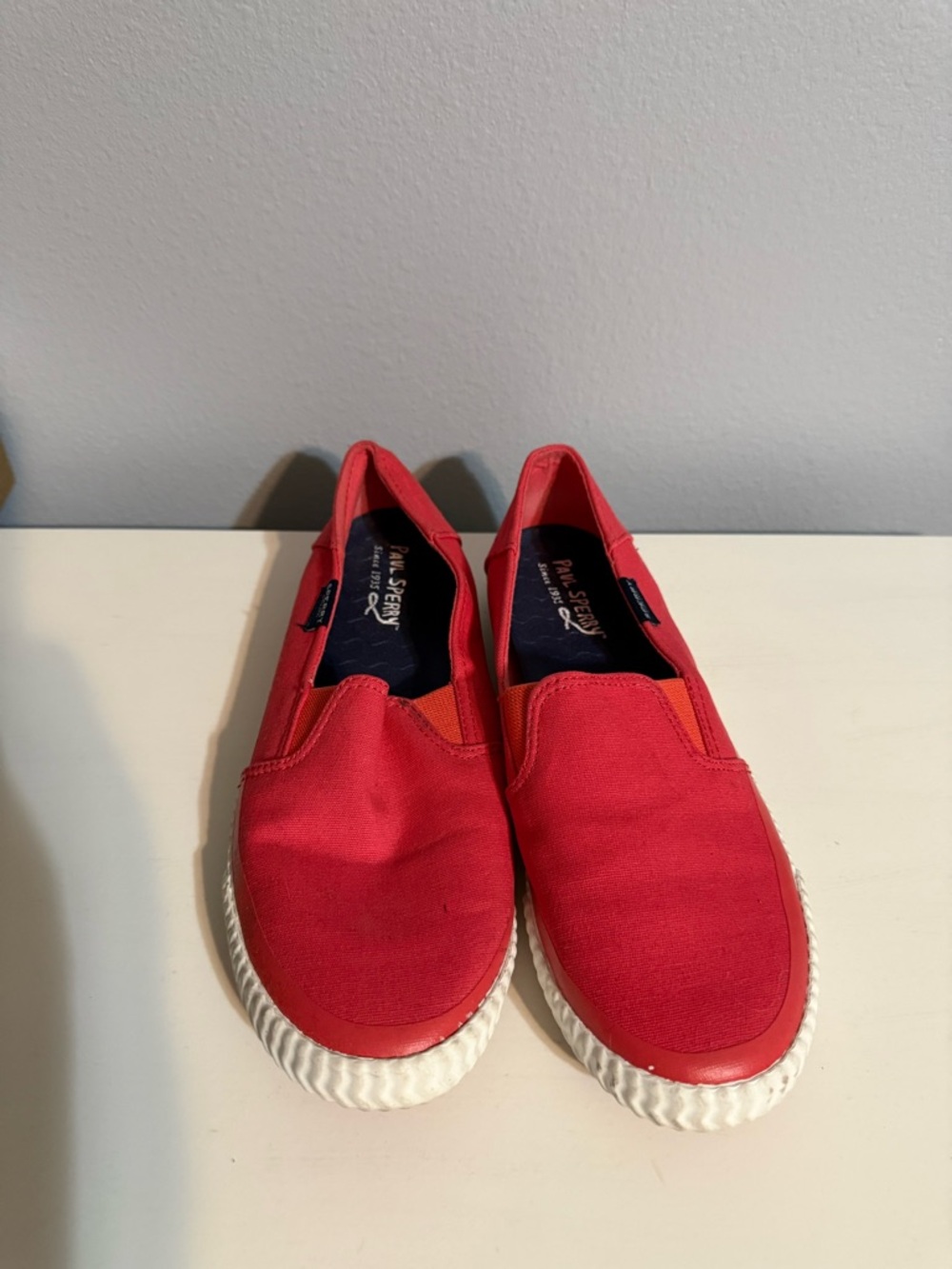 Sperry Ladies Coral-Red Slip-On Canvas Sneakers